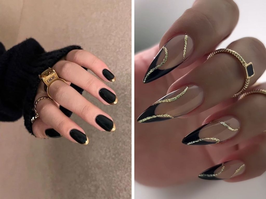 Preto com Dourado combinação de cores em unhas francesinhas