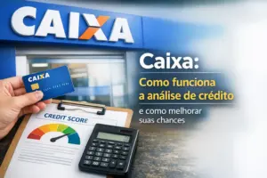 Cartão CAIXA e análise de crédito ilustrados com placar e calculadora