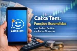 Pessoa com celular mostrando logo do Caixa Tem, moedas e calculadora ao fundo