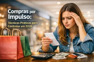 Mulher olhando um recibo preocupada com compras excessivas em 2026