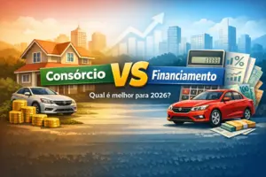 Comparação entre consórcio e financiamento para 2026 com carros e moedas em destaque
