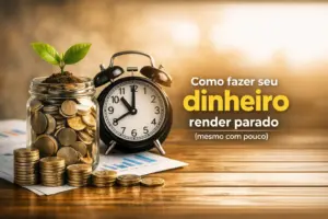 Pote com moedas, relógio e planta simbolizando educação financeira e crescimento