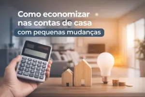 Mão com calculadora, miniaturas de casas e moeda sobre economia doméstica
