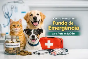 Golden retriever, gato e cachorro com jarro 'EMERGÊNCIA PET' cheio de moedas