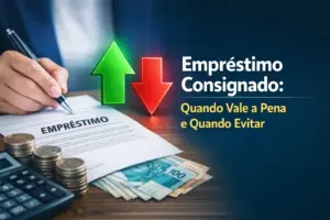 Mão assina documento 'Empréstimo' com calculadora e moedas na mesa.