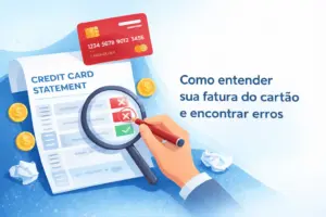 Mão com caneta vermelha sobre fatura do cartão examinada com lupa, moedas e papéis ao redor