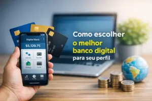 Smartphone mostra app de banco digital com saldo $5,120.75 e itens financeiros ao redor