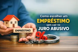 Pessoa segurando casa modelo e moeda com símbolo de porcentagem e "EMPRÉSTIMO".