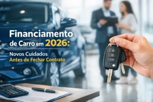 Mão segurando chaves de carro com documentos e calculadora sobre uma mesa, carro azul ao fundo