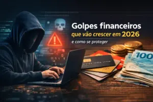 Figura em ambiente com laptop, dinheiro e elementos digitais abordando golpes financeiros em 2026.