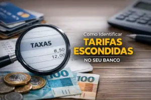 Taxas de 8.50 e 12.00 em foco com moedas e notas, como identificar tarifas bancárias escondidas em 2026.