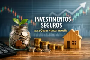 Pote de vidro com moedas e planta, casa em miniatura e gráficos de crescimento