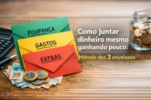 Método dos 3 envelopes sobre Educação Financeira com calculadora e dinheiro