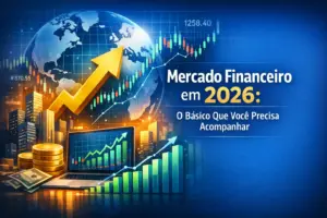 Gráfico com flecha dourada ascendendo, moedas e mercado financeiro 2026