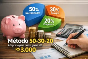 Método 50-30-20 para organização financeira com renda de até R$ 3.000