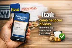 App mostrando renegociação de dívida de R$ 5.200 no celular ao lado de moedas e calculadora