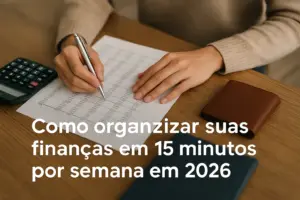 Mão escrevendo em tabela financeira com calculadora e carteira ao lado