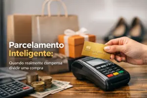Cartão de crédito e leitor de cartão com texto sobre compras parceladas.