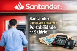 Homem realiza transação em caixa Santander com notas e calculadora.