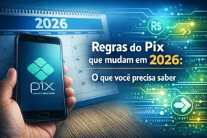 Logotipo do PIX em um smartphone com ano 2026 ao fundo