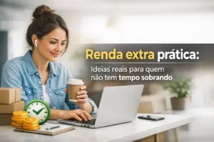 Mulher em escritório com laptop e café destacando renda extra prática