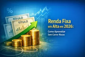 Gráfico financeiro com moedas de ouro e documentos de renda fixa em fundo azul