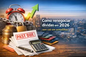 Renegociação de dívidas em 2026 com relógio, documentos e moedas