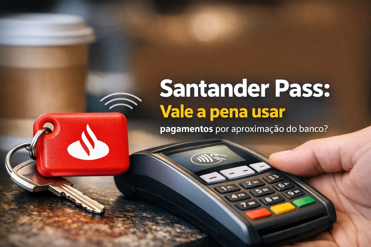 Terminal de pagamento com chaveiro Santander e mão prestes a pagar