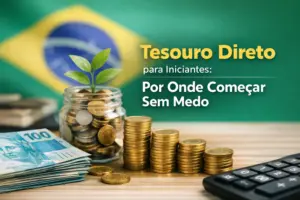 Pote de vidro com moedas, planta verde e bandeira do Brasil ao fundo representando investimentos