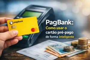 Cartão pré-pago PagBank amarelo sendo usado com terminal de pagamento